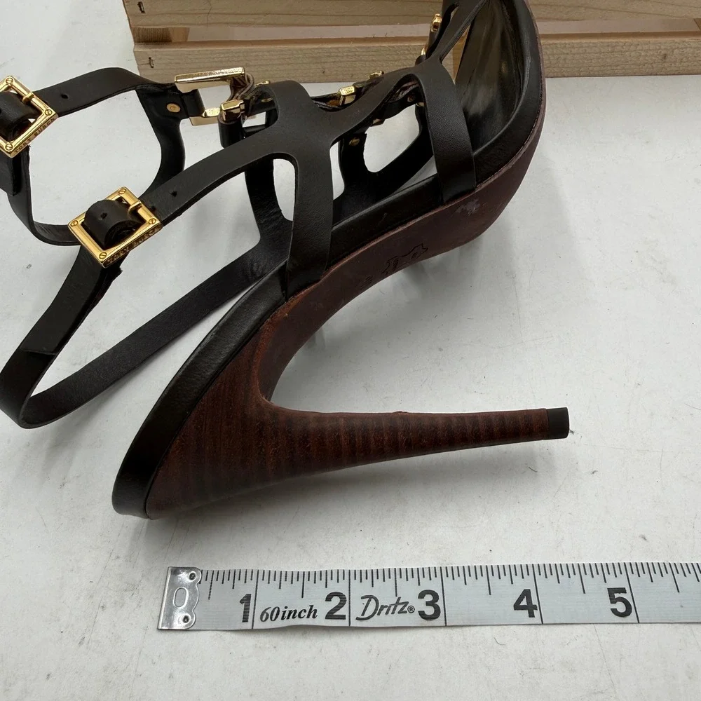 Tory Burch Francesca Gladiator Heels Double Buckle Leather Brown Gold Women 9M